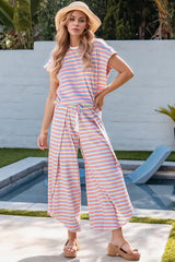 Hazel Blues® | Striped Round Neck Short Sleeve Top and Pants Set