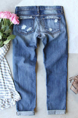 Hazel Blues® | Sky Blue Sequin Football Patchwork Distressed Straight Leg Jeans