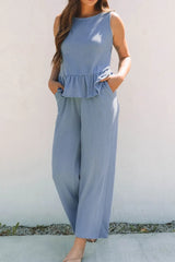 Hazel Blues® | Color Ribbed Ruffle Tank Top and Pants Set