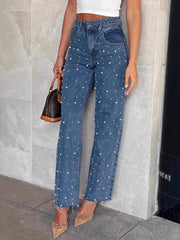 Hazel Blues® | Pearl Embellished High Waist Straight Leg Jeans