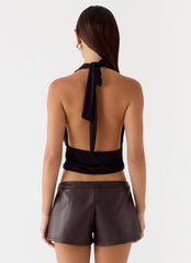 Coastline Faux Leather Micro Mini Shorts Chocolate
