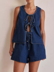 Hazel Blues® | Tie Front Vest and Shorts Denim Set