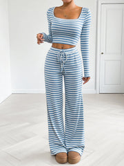 Hazel Blues® | Striped Square Neck Long Sleeve Top and Pants Lounge Set