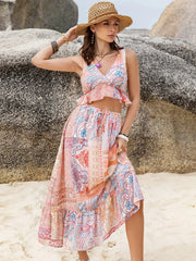 Hazel Blues® | Printed V-Neck Top and Midi Skirt Set