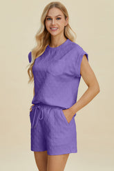 Hazel Blues® | Double Take Pocketed Texture Round Neck Top and Shorts Set