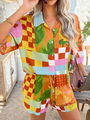 Hazel Blues® | Devine Printed Collared Neck Half Sleeve Top and Shorts Set