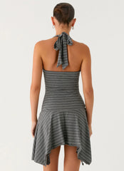 Bad Alive Halter Hanky Mini Dress Grey Marle Stripe