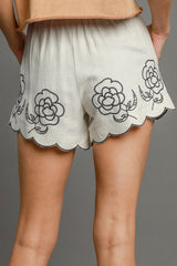 Hazel Blues® | Umgee Linen Blend Shorts with Floral Embroidered Details