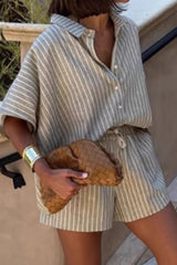 Hazel Blues® | Striped Linen Shirt and Shorts Two-Piece Summer Set