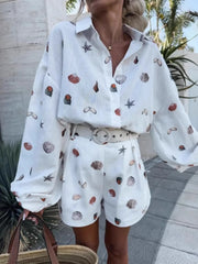 Hazel Blues® | Shell Print Long Sleeve Shirt and Belt Shorts Set