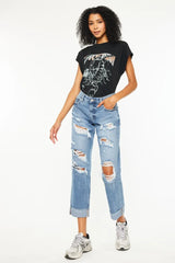 Hazel Blues® | Kancan Mid Rise Distressed Boyfriend Fit Jeans