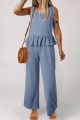 Hazel Blues® | Color Ribbed Ruffle Tank Top and Pants Set