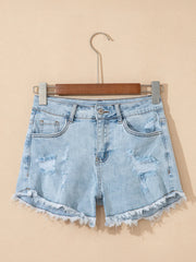 Hazel Blues® | High Rise Distressed Raw Hem Denim Shorts
