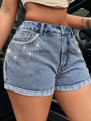 Hazel Blues® | Rhinestone Fringe Denim Shorts