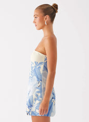 Denby Strapless Mini Dress Blue Floral Print