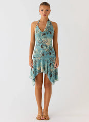 Bad Alive Halter Hanky Mini Dress Aqua Blur