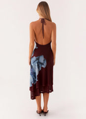 Brinley Halterneck Midi Dress Maroon Print
