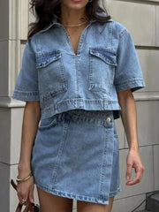 Hazel Blues® | Johnny Collar Short Sleeve Top and Skort Denim Set