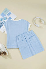 Hazel Blues® | Contrast Trim Textured Crewneck Tee and Pocketed Skirt Set