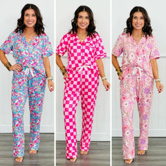 Hazel Blues® | PREORDER: Button Front Pajama Pant Set in Three Prints