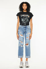 Hazel Blues® | Kancan Mid Rise Distressed Boyfriend Fit Jeans