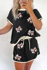 Hazel Blues® | Black Sequin Football Bow Patched Colorblock Edge Tee and Skort Set