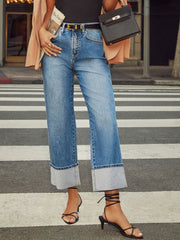 Hazel Blues® | High Waisted Straight Leg Rolled Jeans