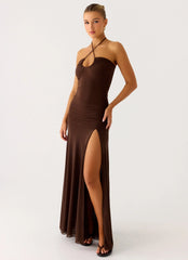 Callie Ruched Maxi Dress Chocolate