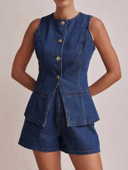Hazel Blues® | Button Down Vest and Shorts Denim Set