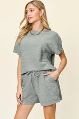 Hazel Blues® | Double Take Texture Short Sleeve T-Shirt and Drawstring Shorts Set