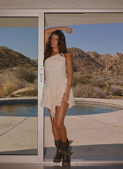 Amirose Spliced Cotton Mini Dress Ivory