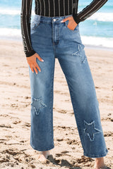 Hazel Blues® | Stone Blue Star Patchwork Cropped Wide Leg High Waist Jeans