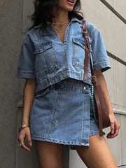 Hazel Blues® | Johnny Collar Short Sleeve Top and Skort Denim Set