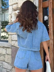 Hazel Blues® | Johnny Collar Short Sleeve Top and Skort Denim Set