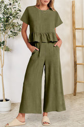 Hazel Blues® | Peplum Round Neck Short Sleeve Top and Pants Set
