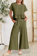 Hazel Blues® | Peplum Round Neck Short Sleeve Top and Pants Set