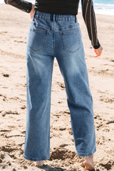 Hazel Blues® | Stone Blue Star Patchwork Cropped Wide Leg High Waist Jeans
