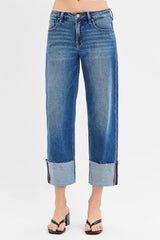 Hazel Blues® | RISEN Tummy Control Mid Rise Crop Wide Cuffed Jeans
