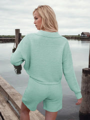 Hazel Blues® | Johnny Collar Long Sleeve Top and Shorts Sweater Set