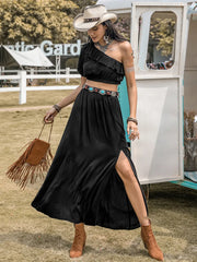 Hazel Blues® | Ruffled Single Shoulder Top and Slit Skirt Set
