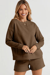 Hazel Blues® | Double Take Texture Long Sleeve Top and Drawstring Shorts Set