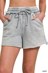 Hazel Blues® | Zenana Acid Wash Fleece Drawstring Shorts With Pockets