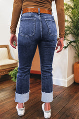 Hazel Blues® | Real Teal Folded Cuffs Distressed Straight High Waist Jeans