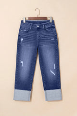 Hazel Blues® | Folded Cuffs Distressed Straight High Waist Jeans