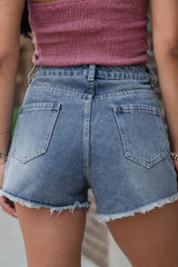 Hazel Blues® | Pearl Beaded Raw Hem Wash Denim Shorts