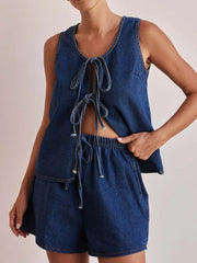 Hazel Blues® | Tie Front Vest and Shorts Denim Set