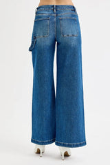 Hazel Blues® | RISEN High Rise Wide Leg Patch Detailed Jeans