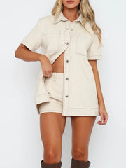 Hazel Blues® | Button Up Short Sleeve Top and Shorts Denim Set