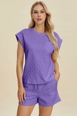 Hazel Blues® | Double Take Pocketed Texture Round Neck Top and Shorts Set