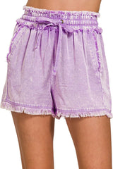 Hazel Blues® | Zenana Mineral Frayed Hem Washed Shorts